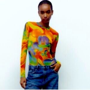 ZARA x Disney Mickey Mouse Rainbow Tie-Dye Mesh Bodysuit Rare Collab Size Medium
